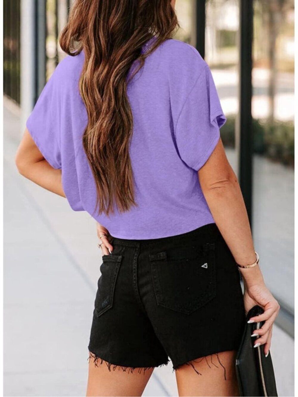 Women's Purple Short Sleeve Crew Neck Loose Casual Drop Shoulder Crop Tops - Picture 2 of 4